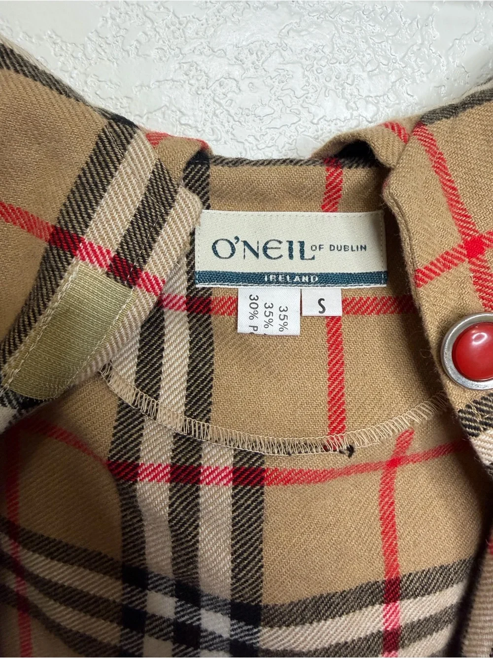 O'Neil Of Dublin Ireland Girls Sz S Plaid Cape Shawl Coat Hooded Wool Tan Red